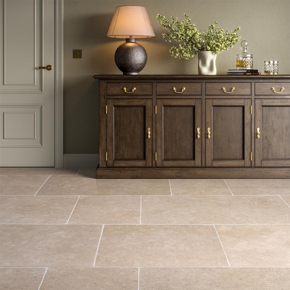 Dijon Limestone tiles laid in a traditional hallway setting